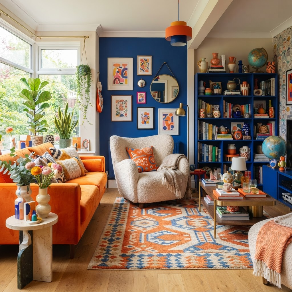 A bold, colorful modern living room styled with Nooka home decor